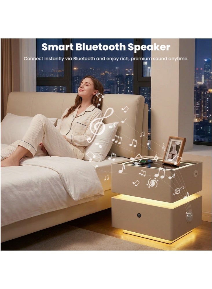 GGEROU Intelligent bedside table,Nightstand Fingerprint Lock,Nightstand With Light ,Smart Night Stand With Wireless Charging,Modern Nightstand With LED Light,Modern Bedside Table With Sensor Light khaki - Image 5